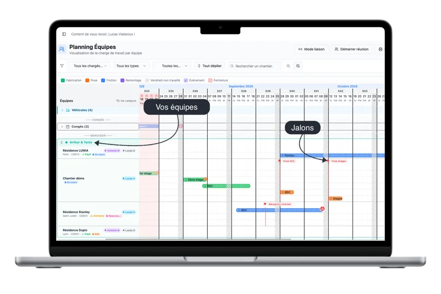 Planning Équipes de PlanningBTP — visualisation de la charge de travail par équipe