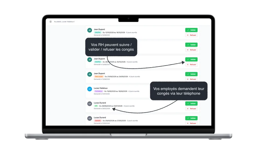 PlanningBTP — validation des congés par la RH, demandes faites par les employés depuis leur téléphone