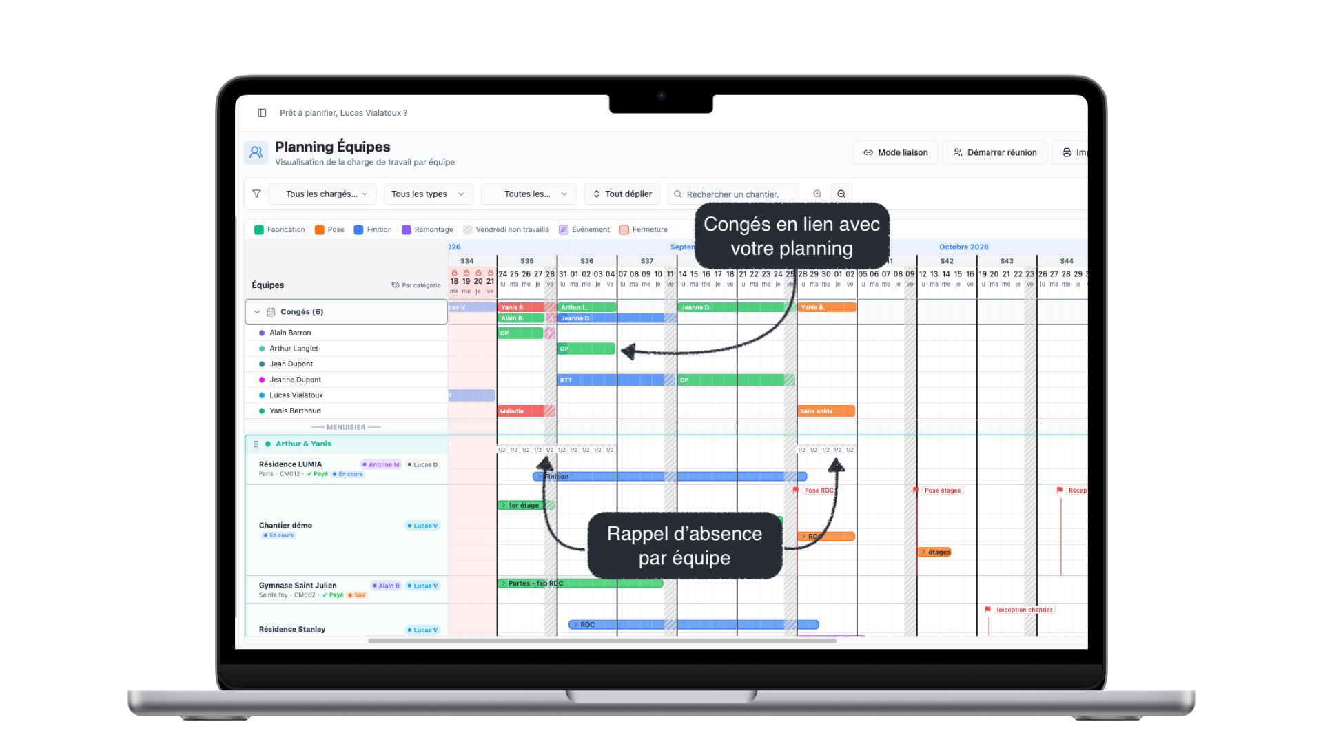 Planning Équipes de PlanningBTP — congés en lien avec le planning et rappel d'absence par équipe