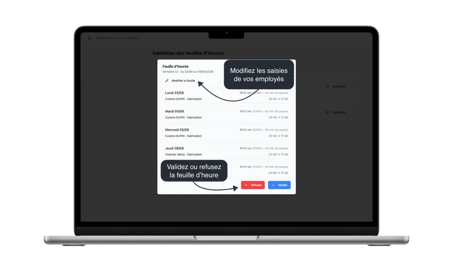 Validation des feuilles d'heures de PlanningBTP — modifier, valider ou refuser les saisies des employés
