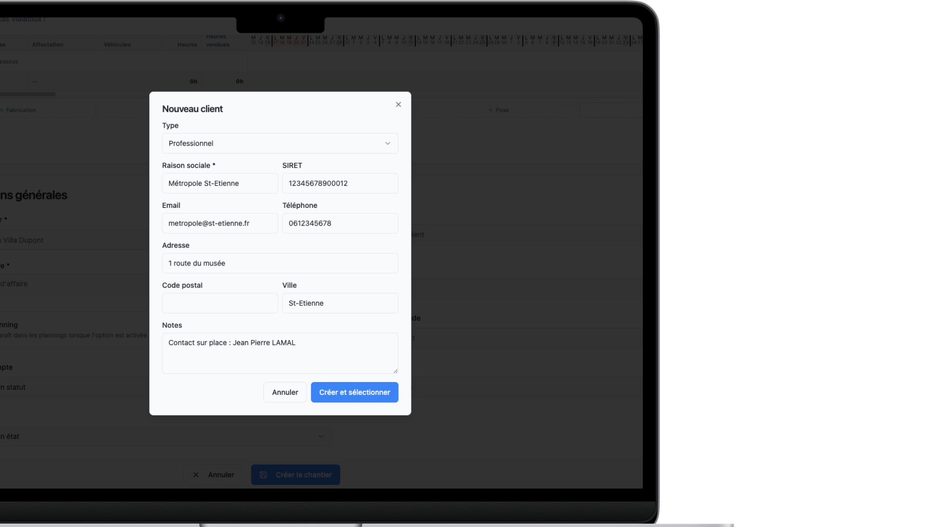 PlanningBTP — création d'une fiche client (particulier ou professionnel)