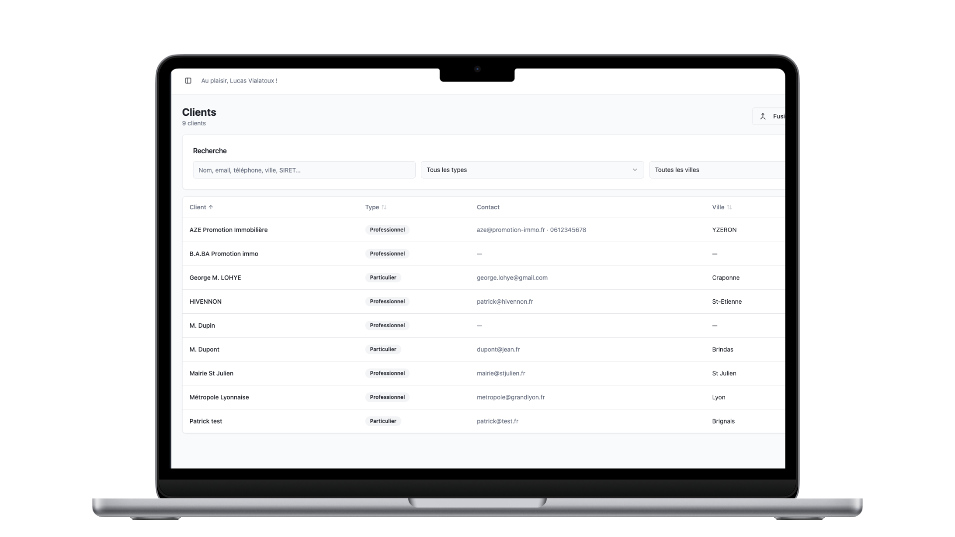 PlanningBTP — liste des clients : recherche, types et coordonnées