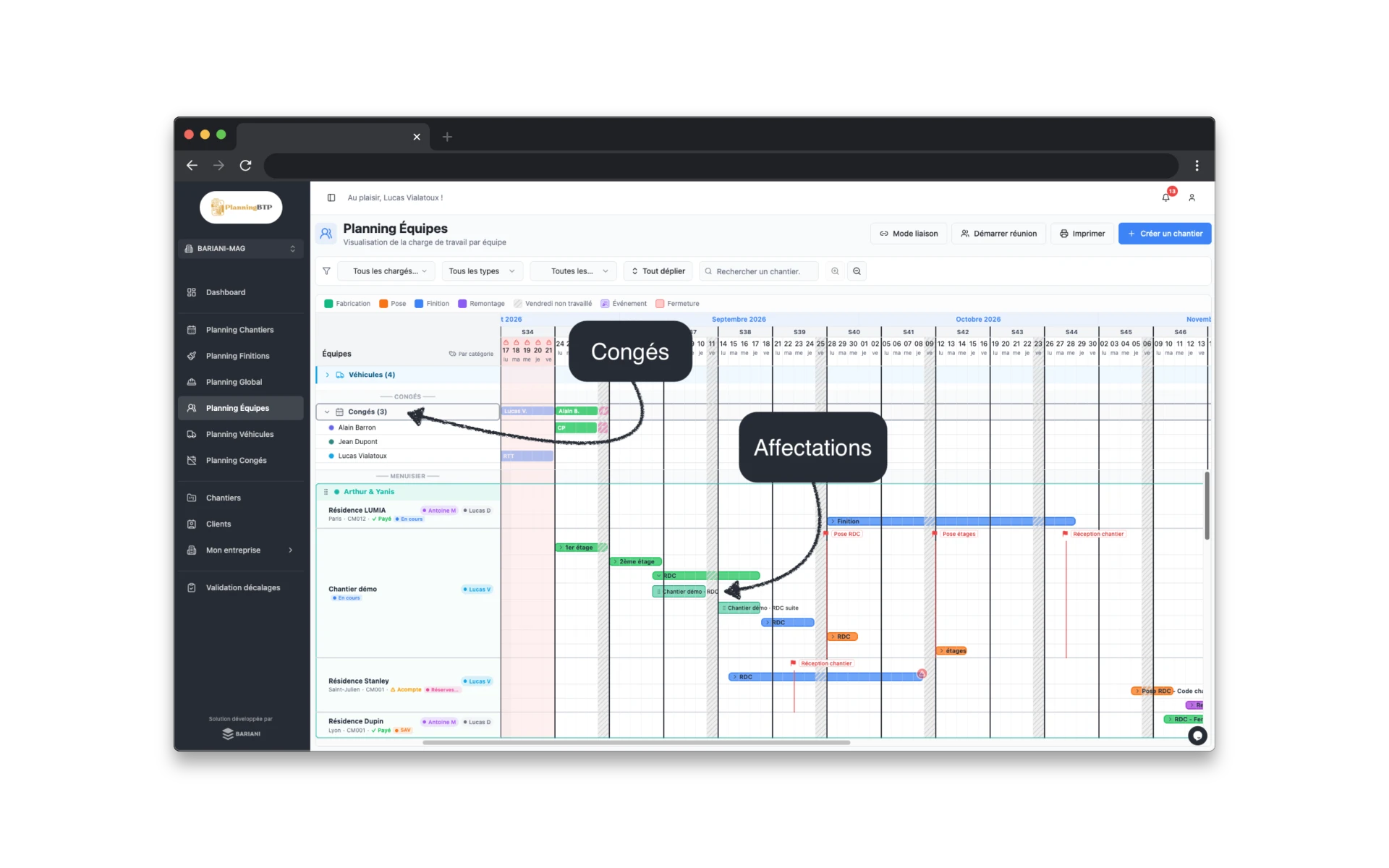 PlanningBTP — Planning Équipes : congés des collaborateurs et affectations des chantiers par équipe