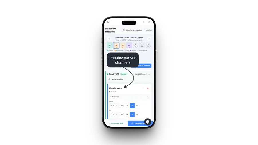 Ma feuille d'heures de PlanningBTP sur mobile — saisie des heures et imputation sur les chantiers