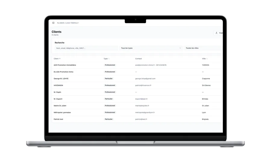 PlanningBTP — liste des clients : recherche, types et coordonnées