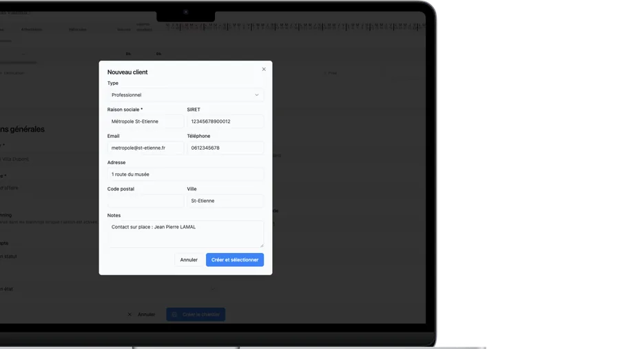 PlanningBTP — création d'une fiche client (particulier ou professionnel)