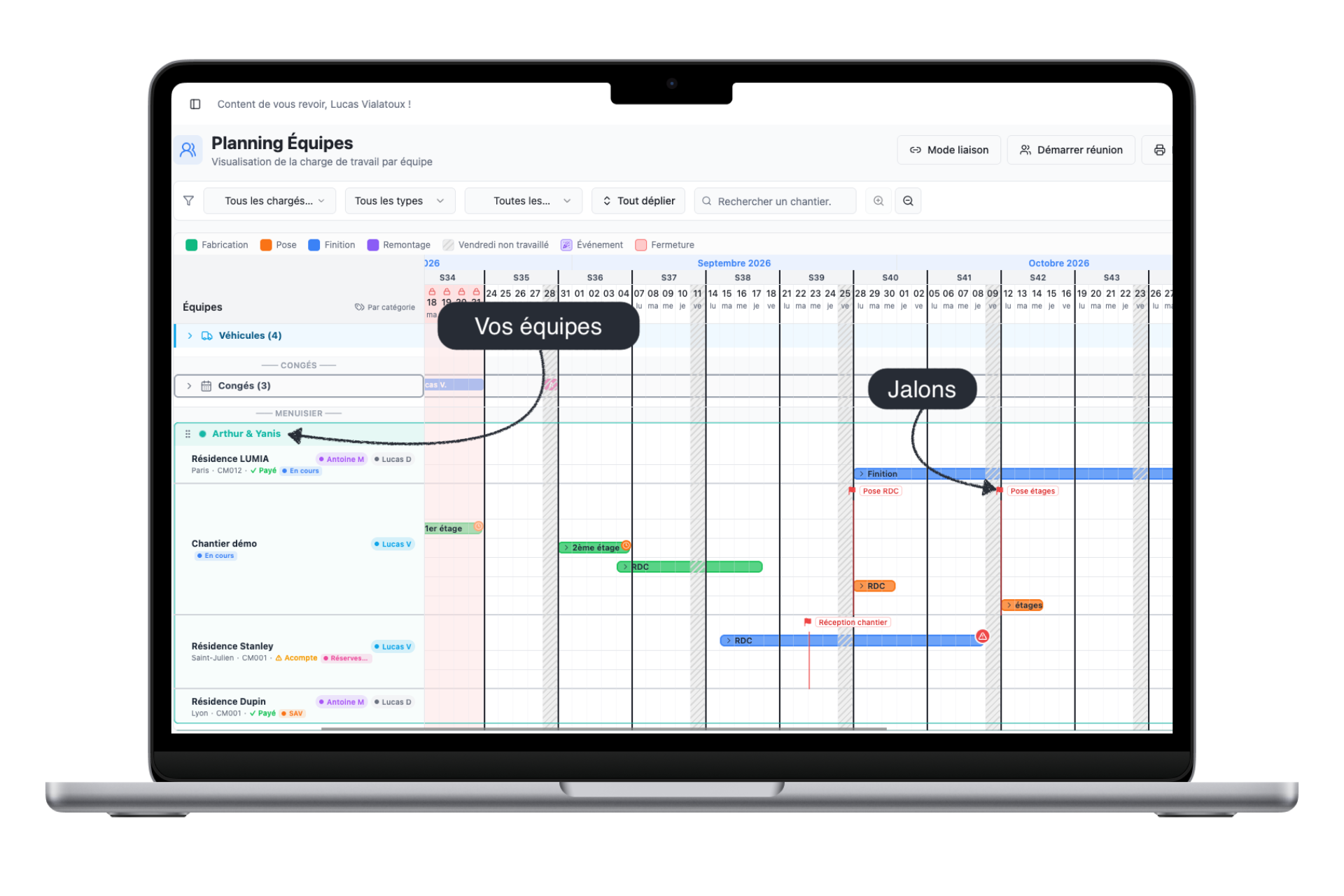 Planning Équipes de PlanningBTP — visualisation de la charge de travail par équipe